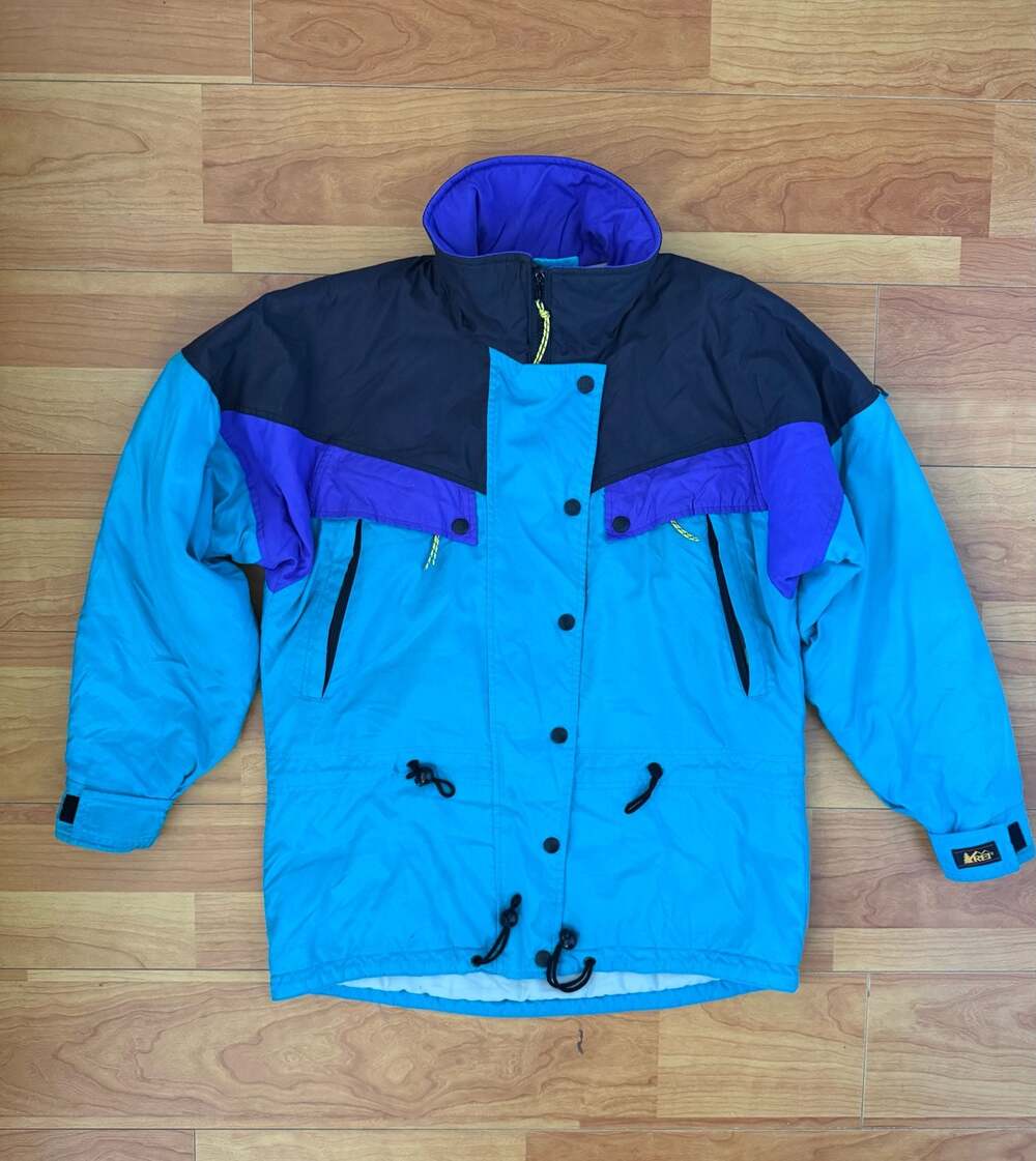 Vintage 80s 90s REI Colorblock Ski Jacket Turquoise Purple Black Hong Kong